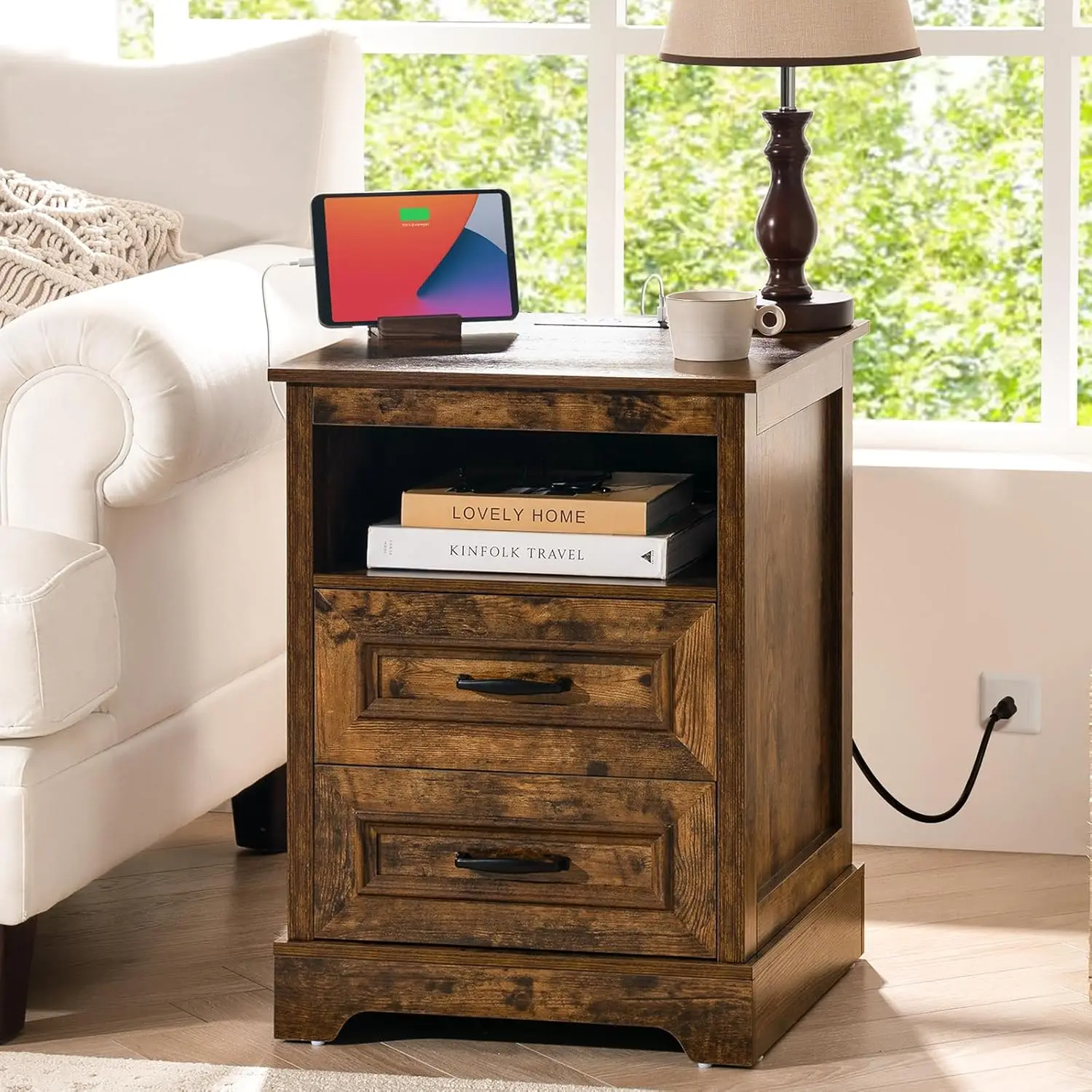 

Farmhouse Nightstand with Charging Station, Wood Night Stand with Drawers, Bedside Table, Nightstands with Open, Customized
