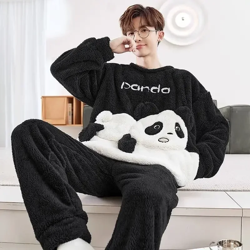 Pajamas Men Coral Velvet Sleepwear Sets Autumn Winter Nightgown Male Plush Thick Household Aparel Youth Flannel Home Wear Suit