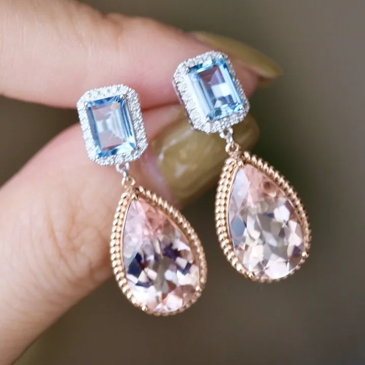 Ins العصرية 925 الفضة الزبرجد مورغانيتي دمعة الأذن قطرة استرخى 18K ارتفع الذهب بيان الوردي الأزرق القرط عالية غرامة مجوهرات