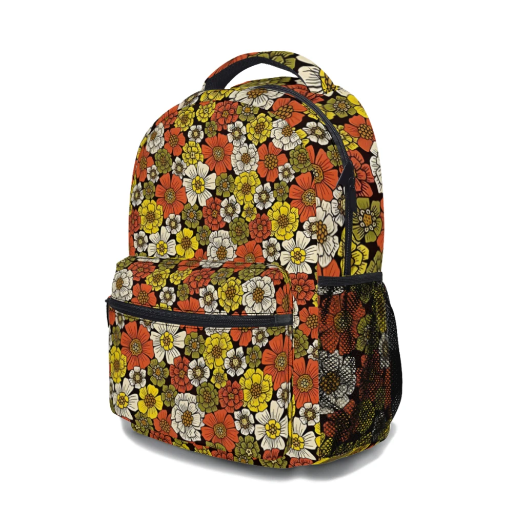 Tas punggung ringan motif bunga, tas sekolah ransel anak-anak Muda Kasual, motif bunga 1960s 1970s 17 inci