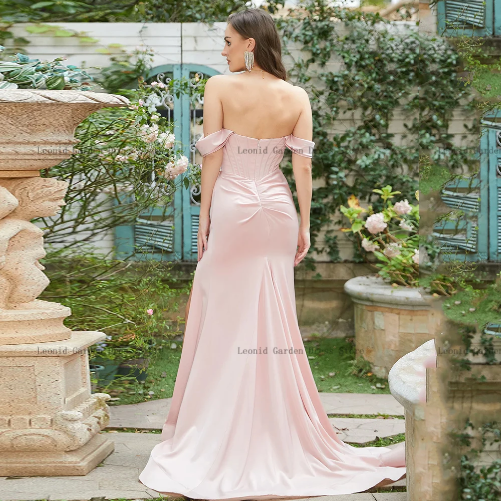 Eenvoudige Roze Avondjurken Off Shoulder Mouwloze Zeemeermin Feestjurken Plooi Vloerlengte Galajurk Zijsplit فساتين السهرة ة