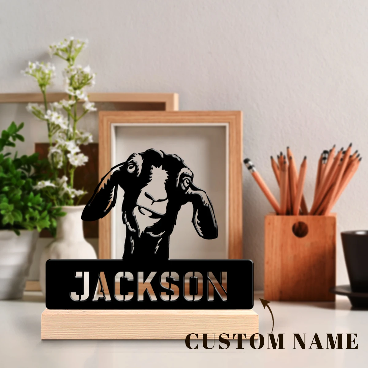 1pc Customizable Wrought Iron Desktop Decoration Custom Content With Wooden Base Home or Office Decorations