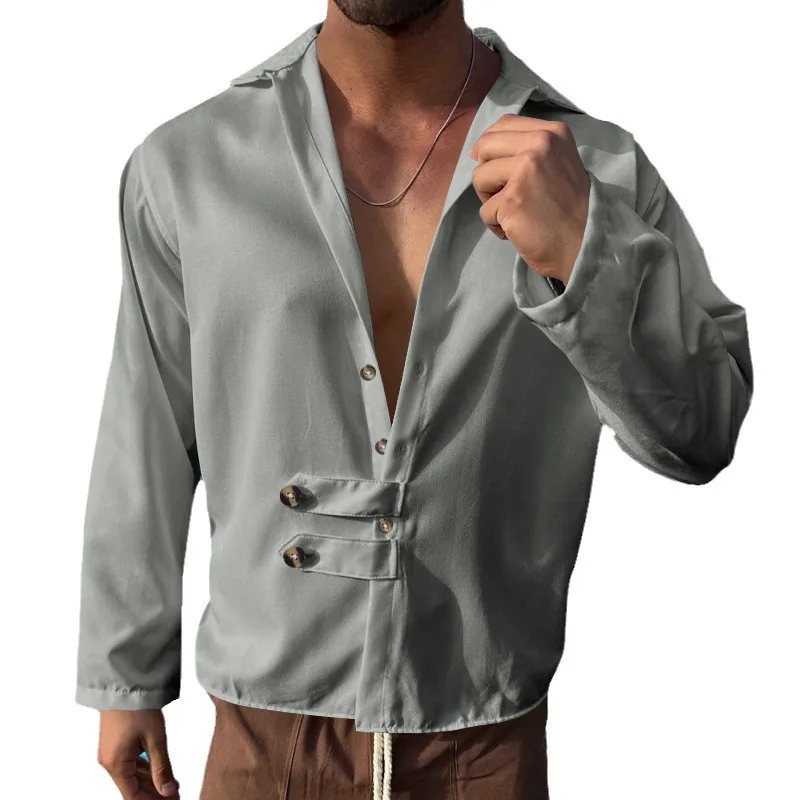 Camiseta de manga larga de primavera y otoño para hombre, cárdigan holgado informal con solapa y botones