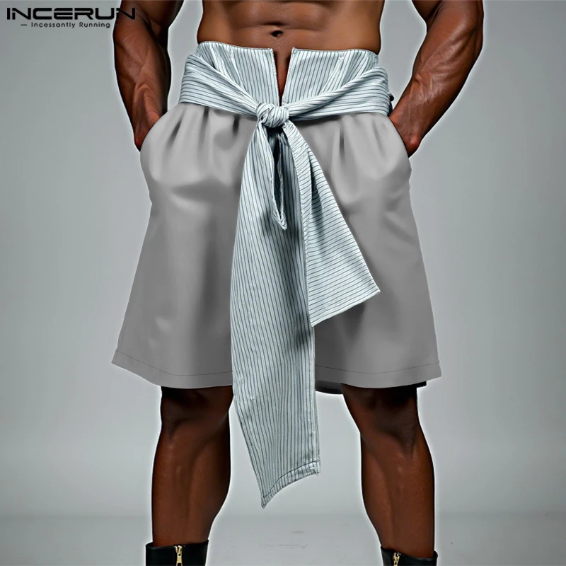 

Мужские повседневные шорты с эластичной резинкой на талии INCERUN, модные мужские короткие брюки в полоску, лоскутные свободные брюки, уличная мужская одежда