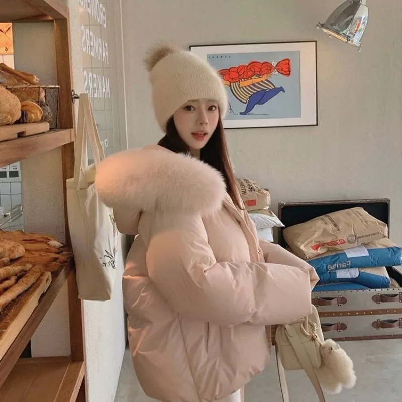 

Sweet Pink Winter Parkas Women Fashion Long Sleeve Faux Fox Hooded Coat Thick Warm Korean Lady Chic Cute Cotton Jacket New