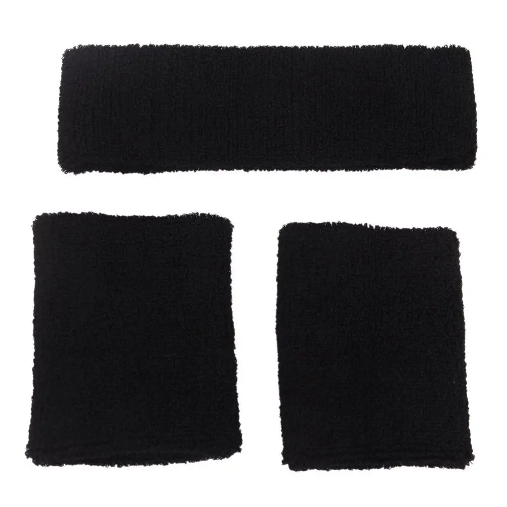 Sports Sweat Absorption Black Cotton Headband Wristband Bracelet Set Elastic Comfortable for Men Women
