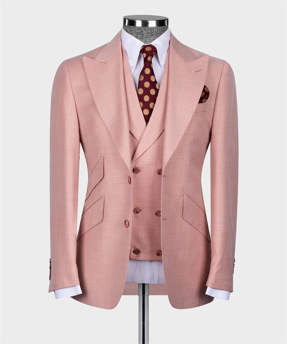 Double Breasted Pink Groom Suit 3pcs Blazer Vest Pants Classic Business Wear Men SuitTailor-made  Wedding Prom Party Male Suits