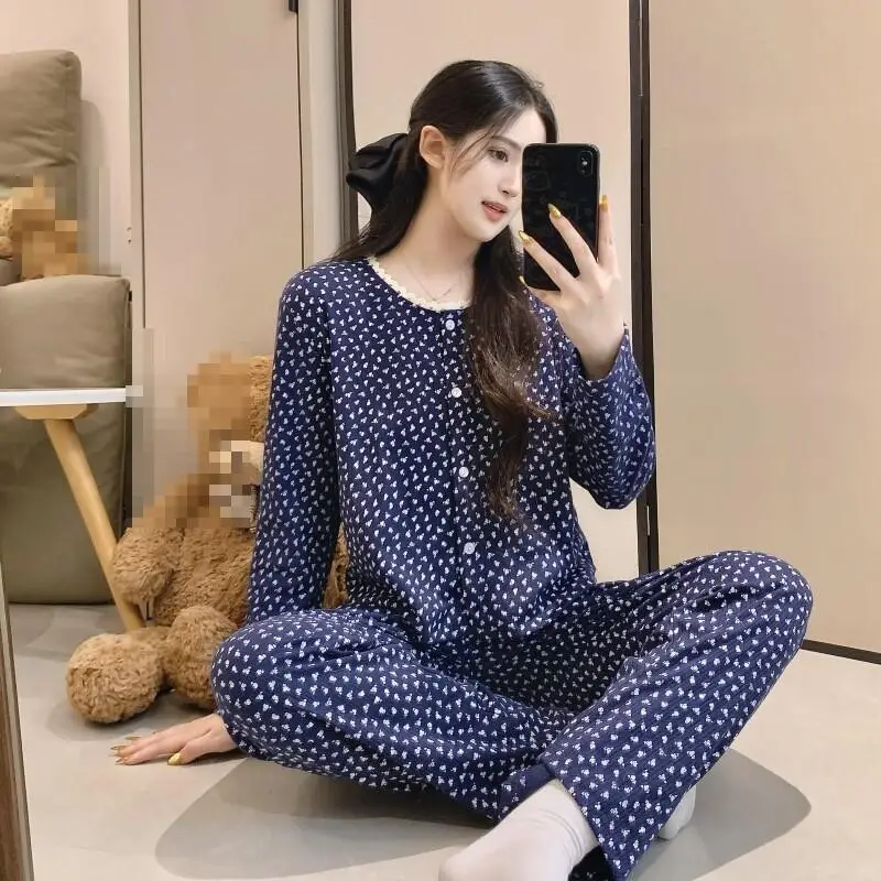 

Fashion Cotton The Spring and Autumn Annals Pajamas Cardigan Two-Piece Set Loose Korean Version Sweet Cute Girls' Home Clothes