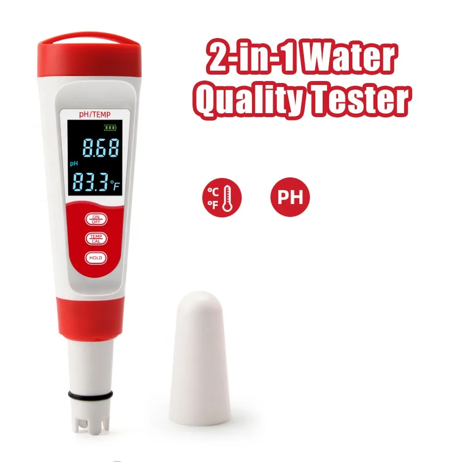 2-in-1 pH/TEMP Water Quality Tester High Sensitivity, Replaceable Probe LCD Display for Aquariums Hydroponics Swimming Pools