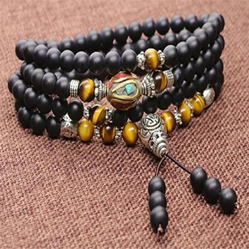 

6mm Tiger Eye Obsidian Bracelet Beaded Bangle Karma Unique Party Women Cuff Handmade Prayer