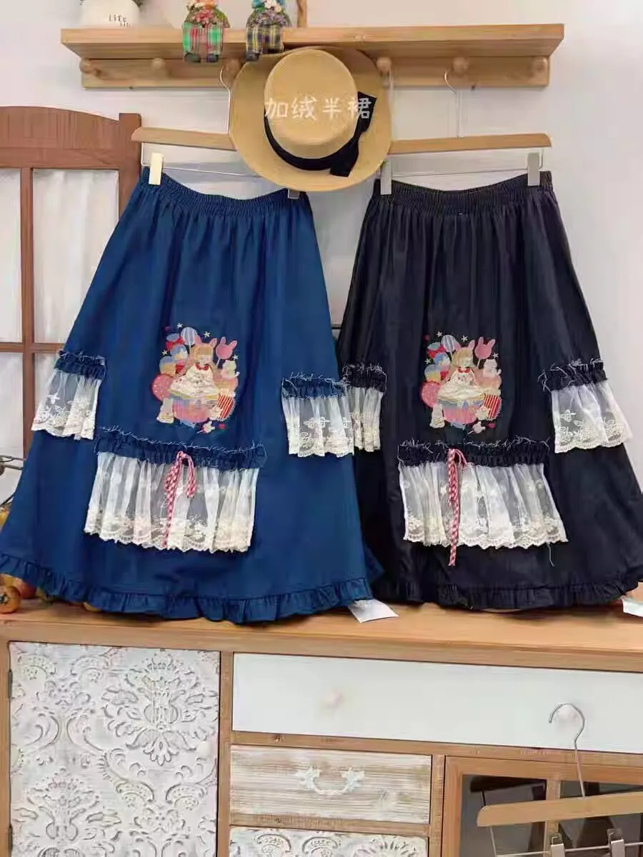 Winter Female Vintage Demin Ruffled Lace Cartoon Kawaii Cute Midi Skirt Mori Girl Lolita Korean Sweet Goblincore Long Skirt