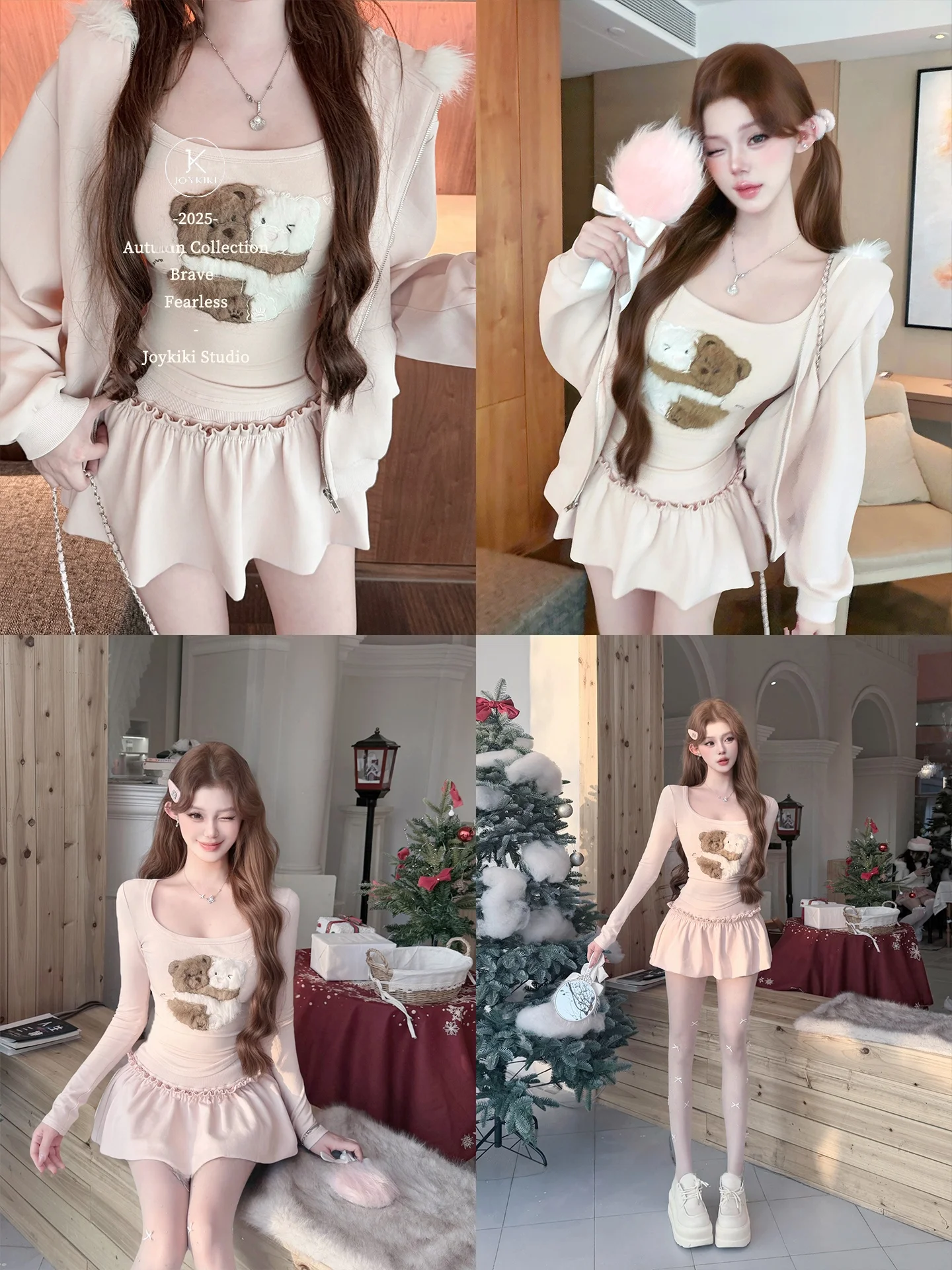 

Женский комплект Joykiki: приталенная футболка и юбка с длинным рукавом, вышивкой и милым животным принтом для повседневной носки