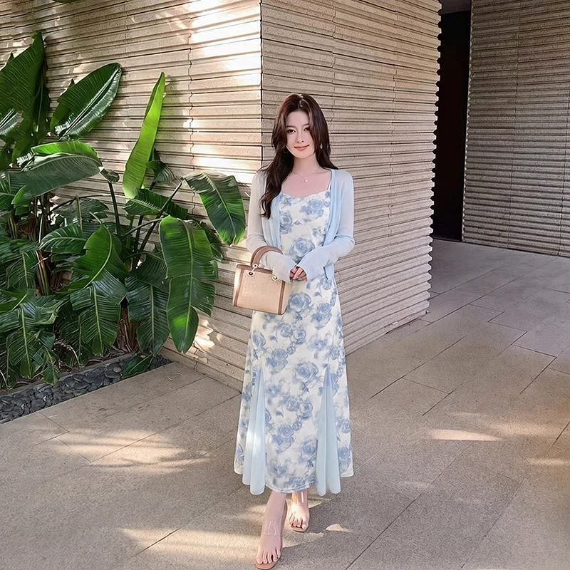 

Summer New Gentle Style Slimming Floral Print Halter Dress Cardigan Set Women's Fashion Lightweight Polyester Fiber Short Sleeve