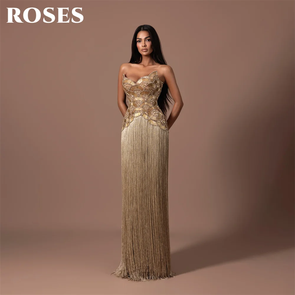 ROSES Golden Party Dresses Strapless Sleeveless Evening Dresses Glitter Sequin Straight فساتين السهرة Tassel Customized view 2