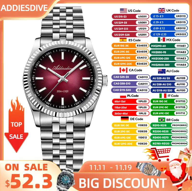 ADDIESDIVE nuevo reloj para hombres 36mm zafiro de lujo VH31 reloj de pulsera de cuarzo AD2073 acero inoxidable superluminoso impermeable 100m