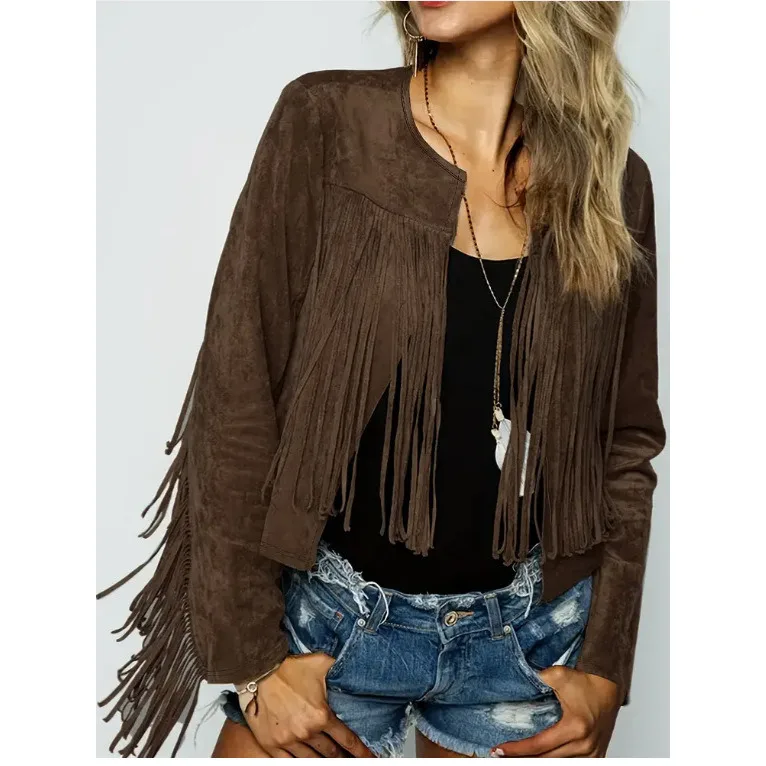 Retro Fringed Casual Fashion round Neck Jacket Women's Open Cardigan Outerwear Short Style Nylon Material Long Sleeve