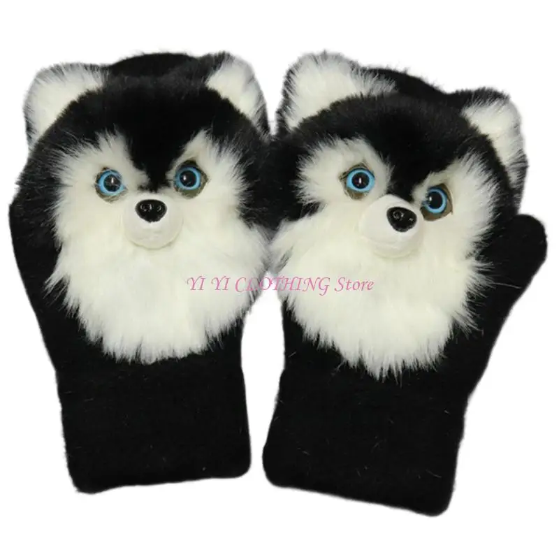 N5KF Warm Knitted Gloves Natural Rabbit Furs Lining Elastic For Kids Adults Cold Weather Stylish Animal Theme
