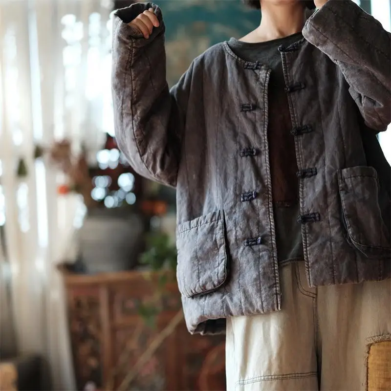 

New Autumn Arts Style Women Long Sleeve Single Breasted Padded Jacket Double Pockets Cotton Linen Vintage Grey Loose Short Coat