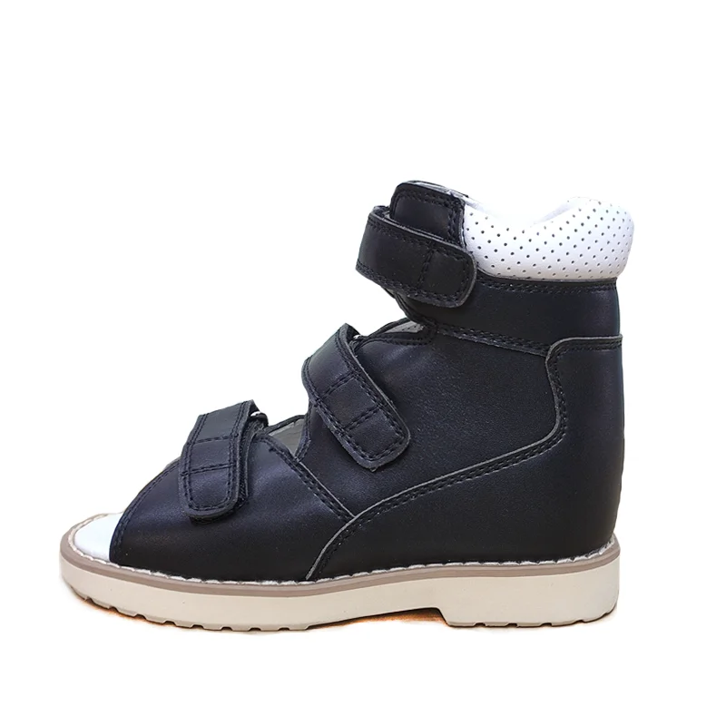 Sandales d\'été pour garçons, chaussures orthopédiques 4WD pour enfants, en cuir noir, chaussures ration t, plate-forme à pied plat, 2 à 8 ans