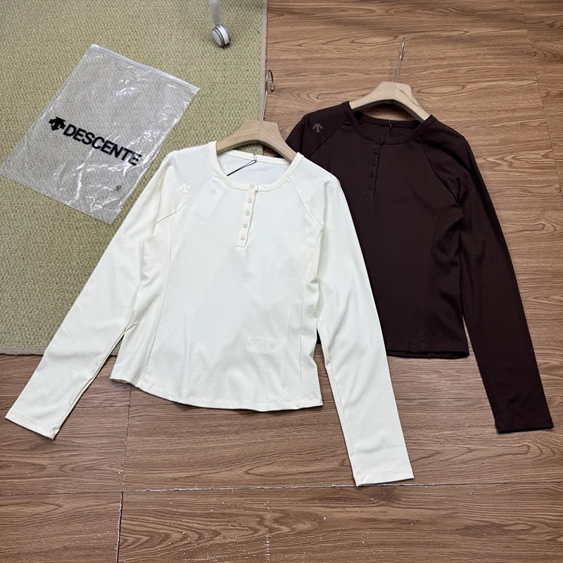 Patchwork waisted bottoming shirt tops round neck long sleeve tops 2026 autumn fashion women's new style DESCENTE