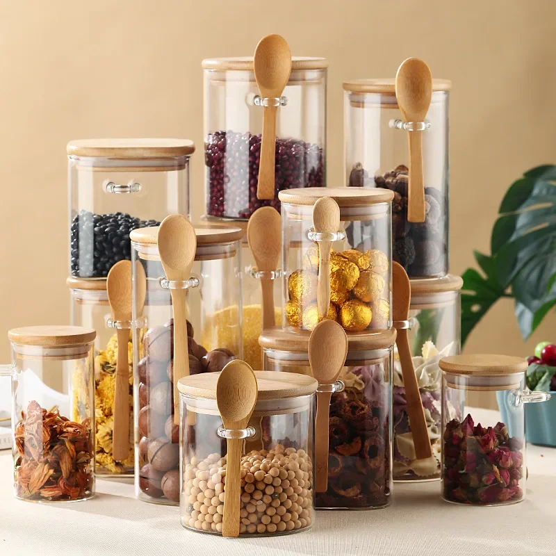 Glass Sealed Jars Seasoning Jars Set with Wooden Spoon and Wooden Lid Seasoning Jars Candy Household Containers Storage Jars