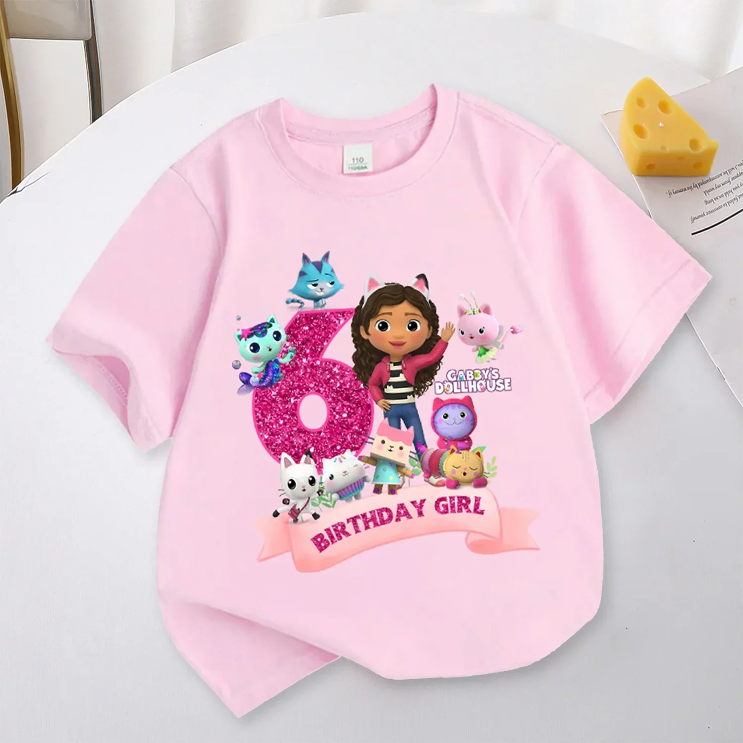 Gabbys Dollhouses Geburtstags-T-Shirt für Mädchen, weiß, rosa, kurzärmelig, Oberteile, Baumwolle, Sommer, Freizeit, Partyartikel, T-Shirt. – Detail 5