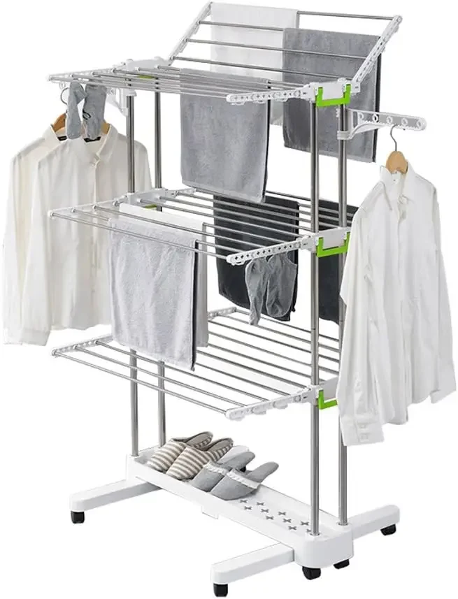 3-Tier Collapsible Clothes Drying Rack with Casters, Laundry Drying Rack, Stainless Steel Hanging Rods, Indoor & Outdoor Use