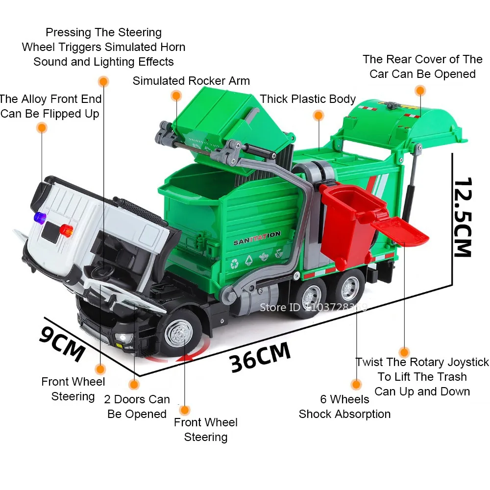 1:32 Legierung Müll Sprinkler Engineering Fahrzeug Modell Spielzeug Metall Diecast Sound Licht Türen Geöffnet Zurückziehen für Kinder Geschenke
