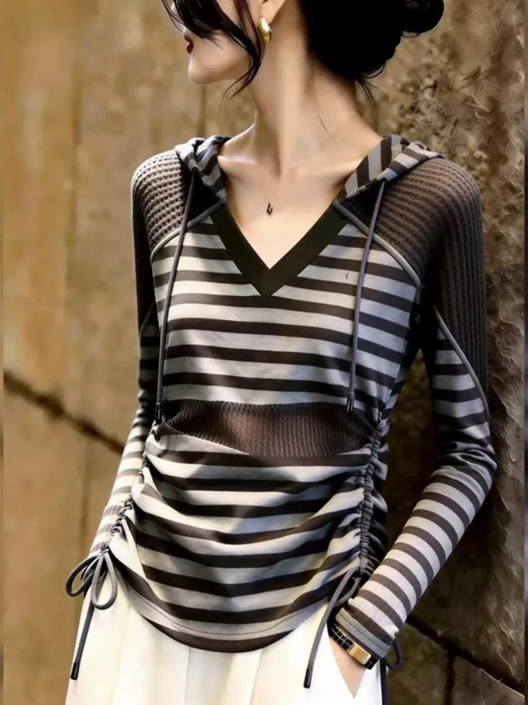 Color Block Slim Fit Unique Top Versatile Non-Repeating French Style Long Sleeve V-Neck T-Shirt for Women Autumn New Arrival