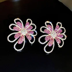 Exaggerated Rhinestone Flower Earrings for Women Personality Trend Pink Stud Earring Temperament Luxury Party Date Jewelry