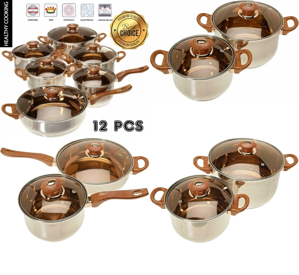 

Наборы посуды Набор посуды из нержавеющей стали из 12 предметов со сковородками для соуса и сковородой с серебряной отделкой