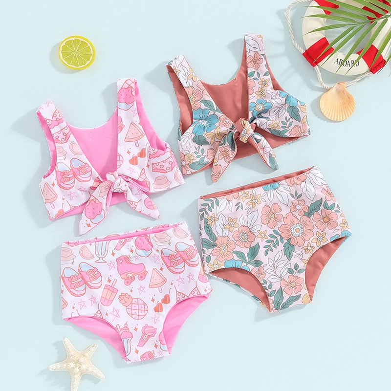 

0-4Y Baby Swimsuits Girls Bikini Sets Sleeveless Tie-up Floral Bathing Suits Toddler Beachwear Kids Swimwear Bathing Suits