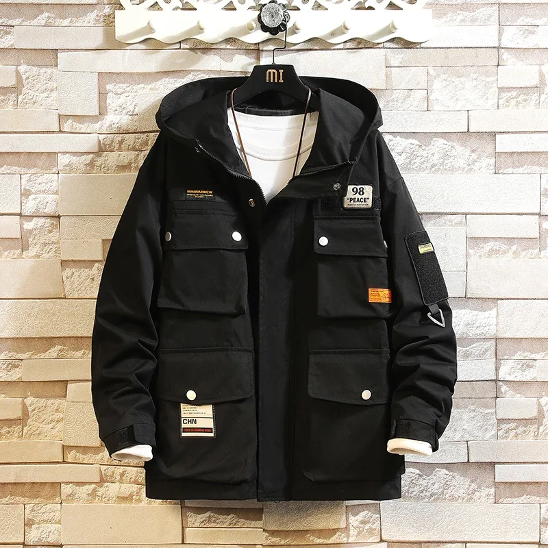 Men Jacket Multi Pockets Hooded Outwear Korean Fashion Patch Jackets Zipper Coats Retro Techwear OverSize Men Clothing