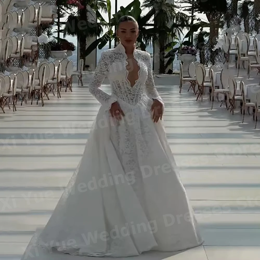 Elegante uma linha de renda feminina apliques sem costas vestidos de casamento novia manga longa vestidos de noiva personalizado robe de mariée