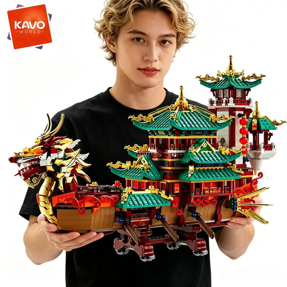 KAVOWORLD 2453pcs Dragon Boat Building Blocks Festival Chinese Ancient Pavilion Ship Display Model with LED Light Traditional DIY Loong Vessel Brick Assembly Puzzle Set Home Ornament Architecture MOC Construction Kit Halloween Christmas New Year's Gifts