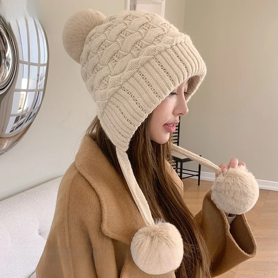 Lazy Wind Thickened Double-layer Ear Protection and Cold-proof Three-hair Ball Rabbit Hair Hat Women's Velvet Knitted Hat