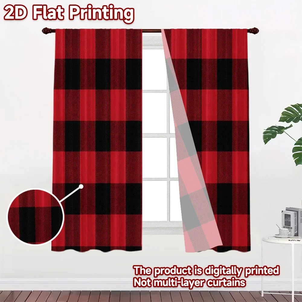 2D FLAT PRINTING 2pcs Curtains (Without Rod) Classic Red Black Checks Modern Fashionable Curtains Versatile Polyester Curtains