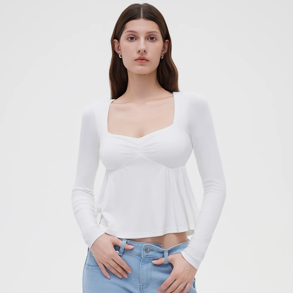 Damen Fairy Y2k Cottage T-Shirt Coquette Quadratischer Ausschnitt Langarm Babydoll Tees Herbst Frühling Vintage Kleidung Lässiger Pullover Top – Detail 16