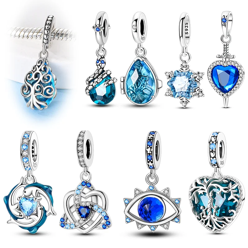 

New In 925 Sterling Silver Charms Beads Blue Heart Snake Dolphin Pendant Jewelry Fit Original 925 Bracelet For Women DIY Gift