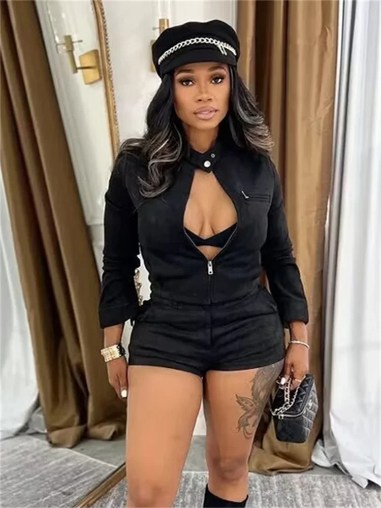 

Sexy Fashion 2 Piece Set Woman Flocking Zip Full Sleeve Jacket+Mini Shorts Hot Girls High Street Style Classic Outfits