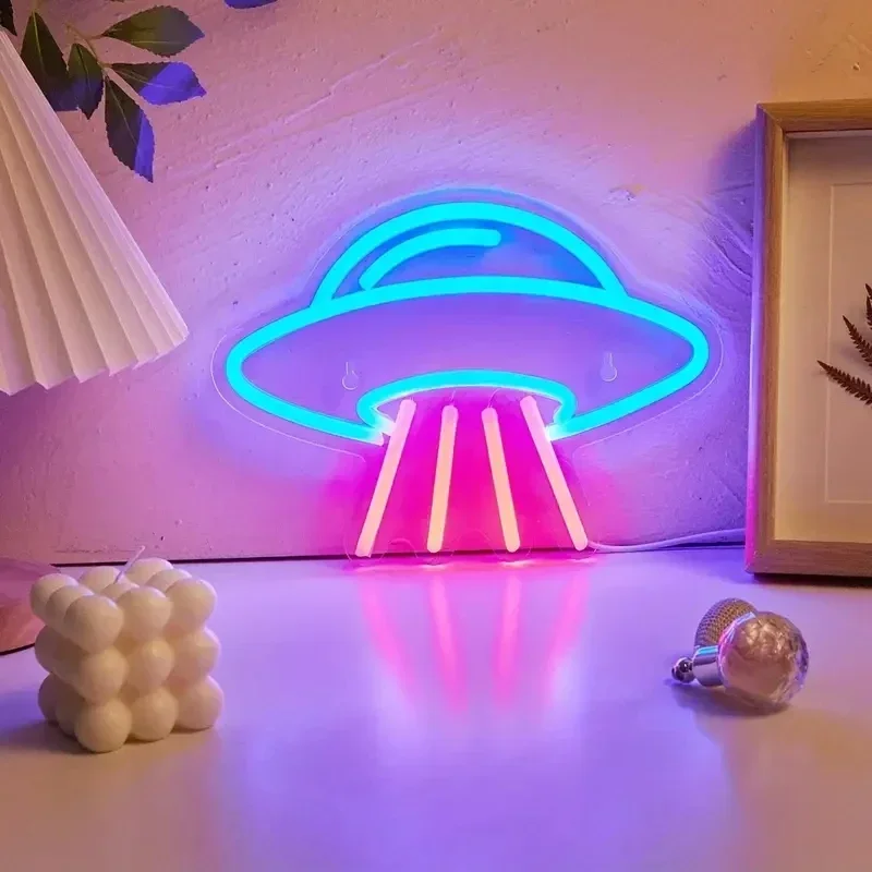 LED Neon Lights Dimmable Space Neon Signs for Wall UFO Neon Light up Sign for Bedroom Kids Space Game Room Neon Wall Signs Decor