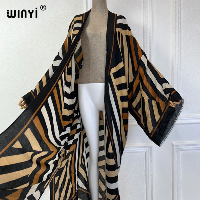 WINYI stampa geometrica beach cover up costume da bagno elegante donna africana boho Cardigan sexy Holiday manica lunga Kimono maxi dress