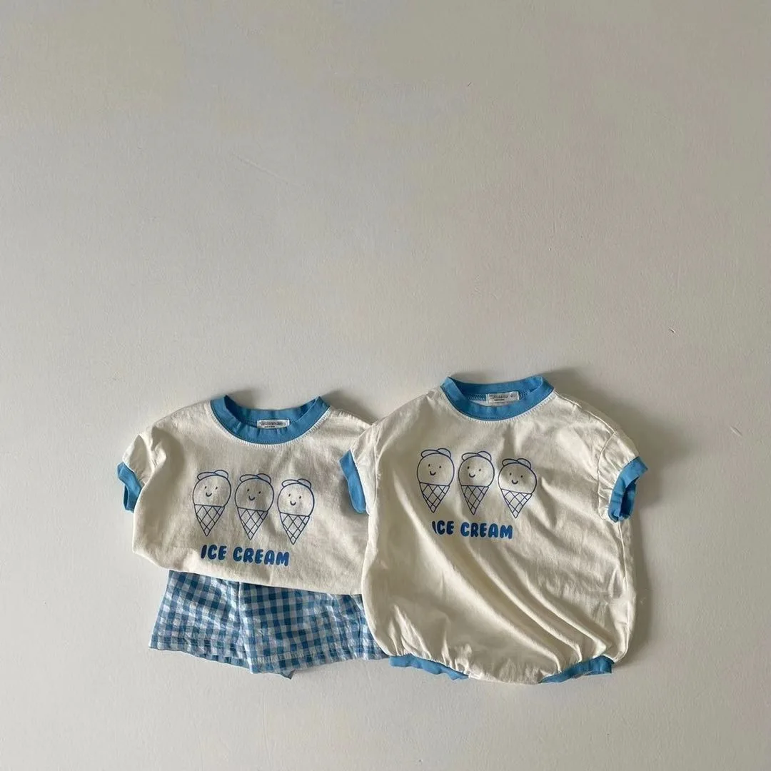 2024 Summer New Baby Cute Ice Cream Print Clothes Set Infant Boy Short Sleeve T Shirt 2pcs Set Cotton Baby Girl Plaid Shorts Set