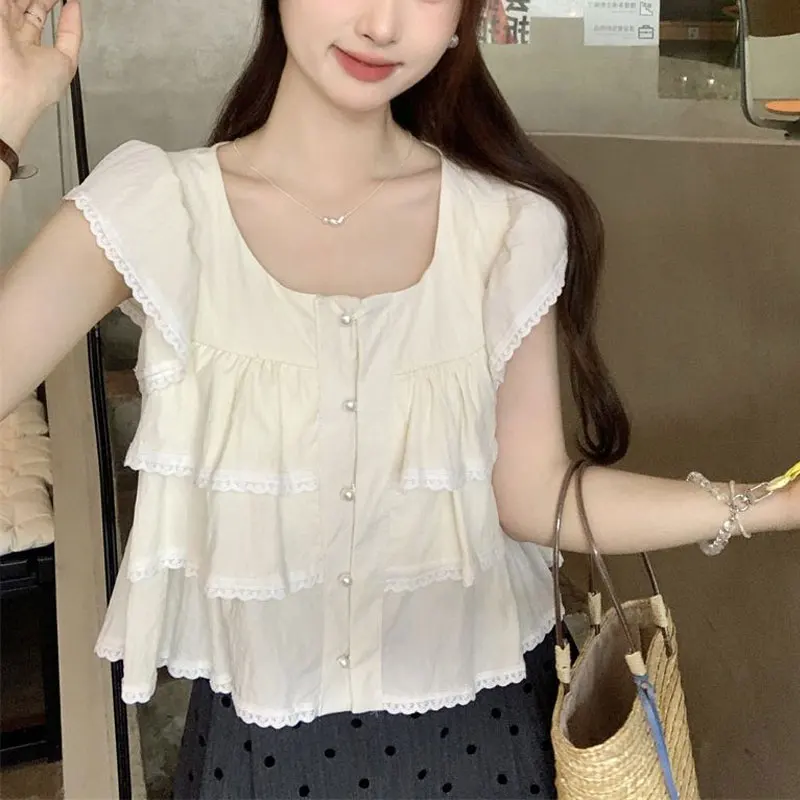 Sweet Flying Sleeve Lace Spliced Blouse Summer Thin Square Collar Female Clothing Stylish Ruffles Solid Color Casual Basic Shirt