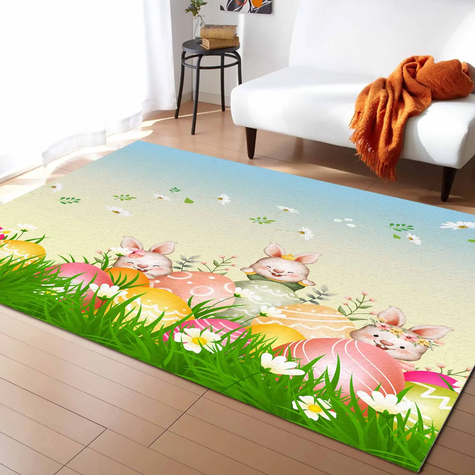 Flower Rabbit Egg Grass Cartoon Easter Living Room Floor Mat Children's Bedroom Bedside Carpet Kitchen Door