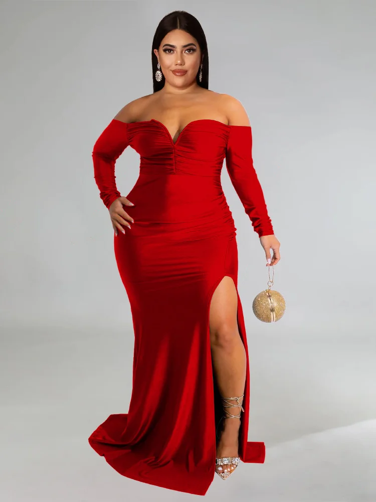 Wmstar Plus Size Party Dresses for Women Off Shoulder V Neck Slip Hem Elegant Full Length Maxi Dress Wholesale Dropshipping 2022