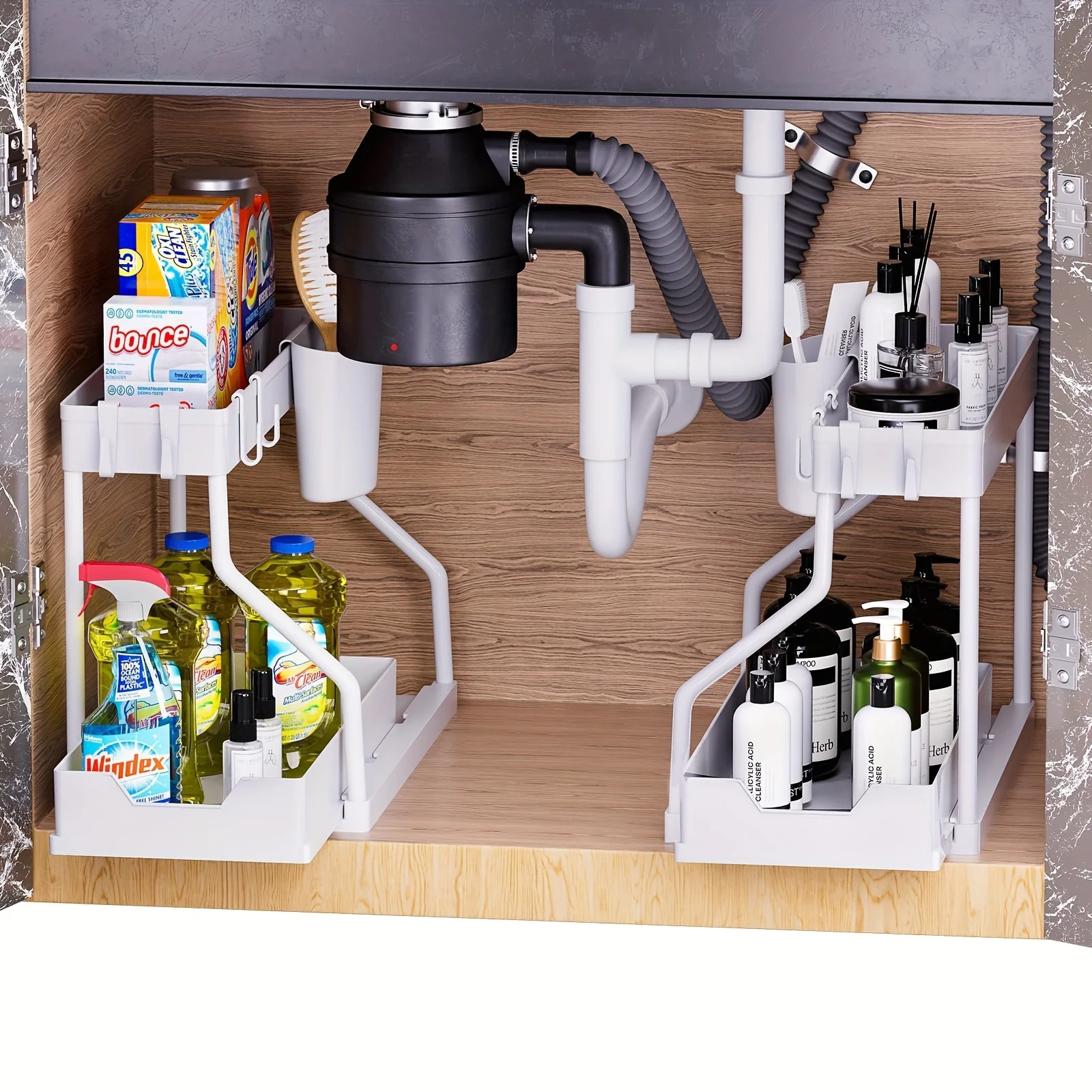 2-Tier Sliding Under Sink Organizer with Removable  and Hanging Cup - Plastic Kitchen Cabinet Drawer Organizer for Easy Access a