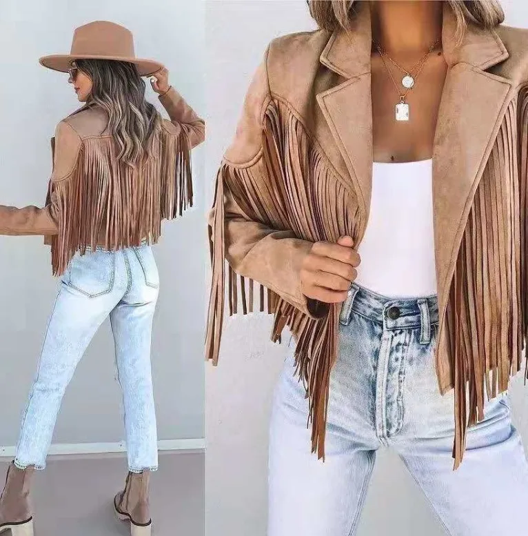 

2026 new stock women's fashionable slim fit top long sleeved printed tassel jacket for women