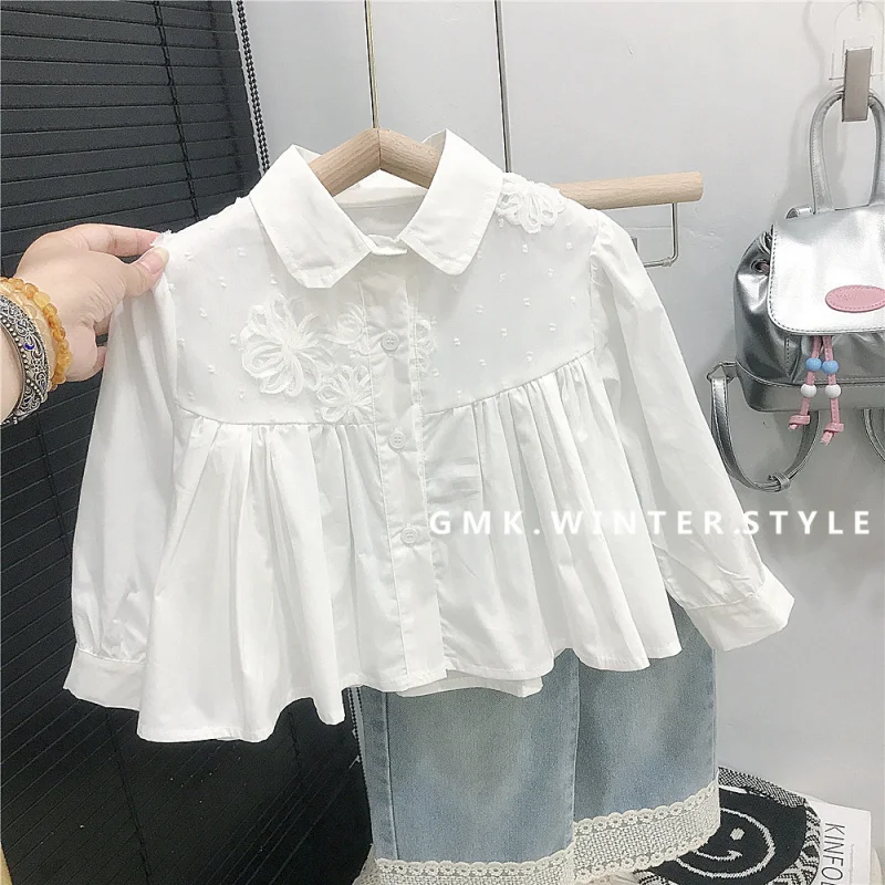 

Girls' Shirt Autumn New Stylish Embroidered Princess Style Top Children's Little Girl Lace Jeans Trendy