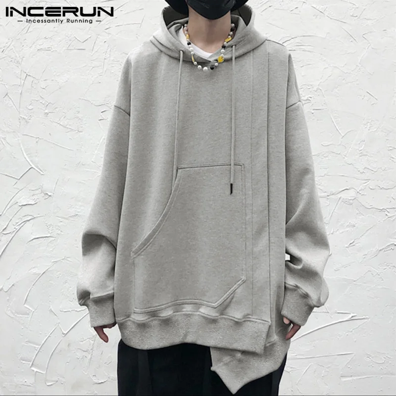 

INCERUN Men Irregular Hoodies Solid Color Hooded Long Sleeve Loose Korean Casual Sweatshirts Streetwear 2024 Fashion Pullovers